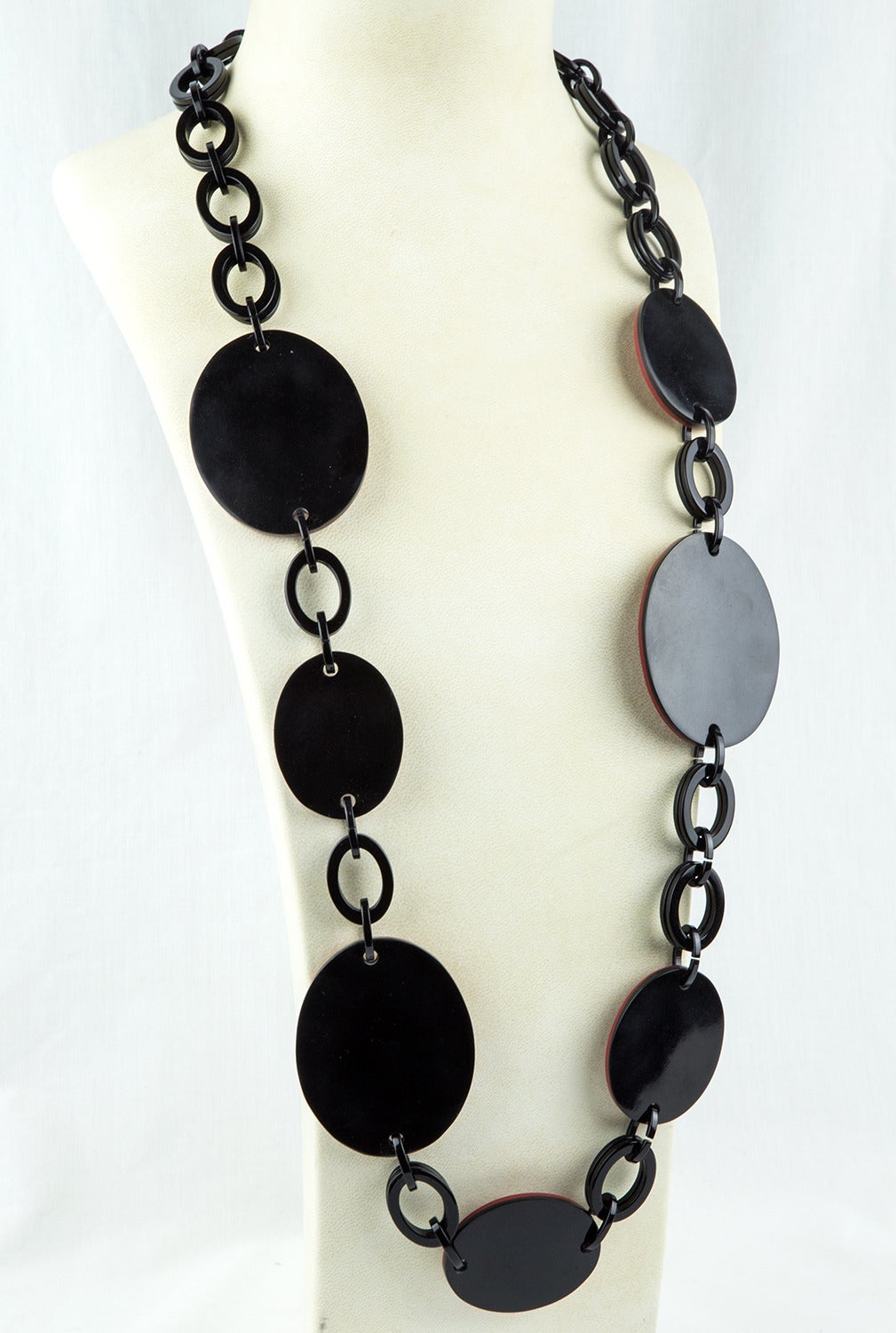 Modernist Black and Red Celluloid Disc and Double Link Chain Necklace