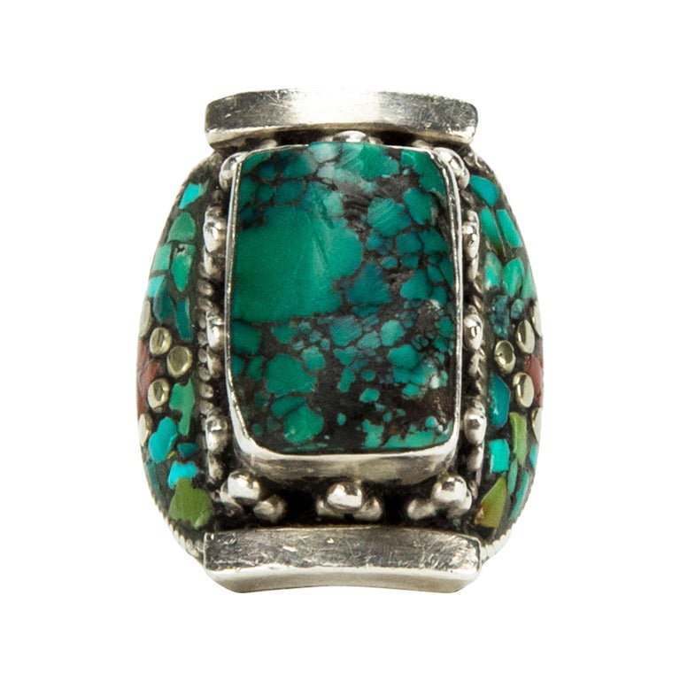 Mid Century Modern. A rare combination of amazing hand craftsmanship, Natural Turquoise and Coral; marked: 925. Ring size 8. A true statement piece with a stand out design. Unique, Classic and Timeless!