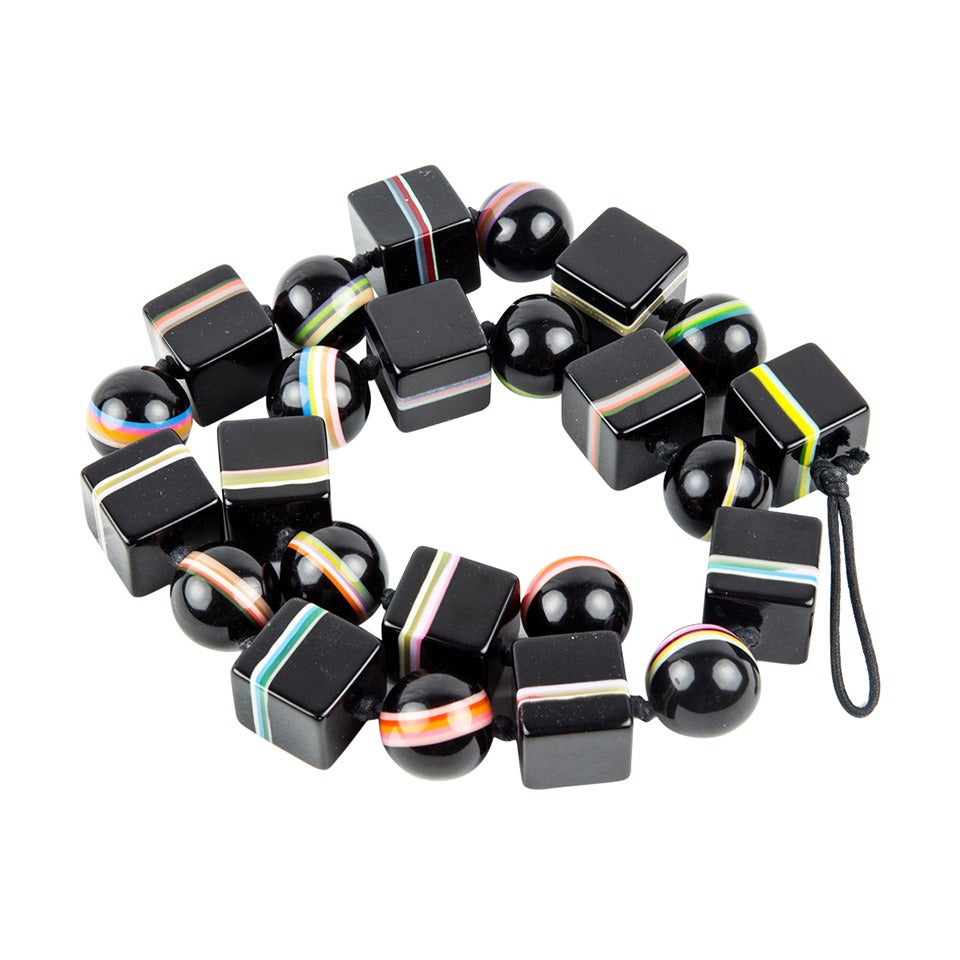 Rainbow Banded Black Cubic and Round Celluloid Bead Necklace