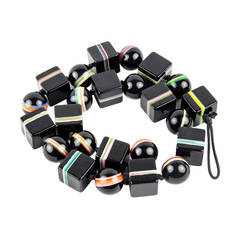 Retro Rainbow Banded Black Cubic and Round Celluloid Bead Necklace