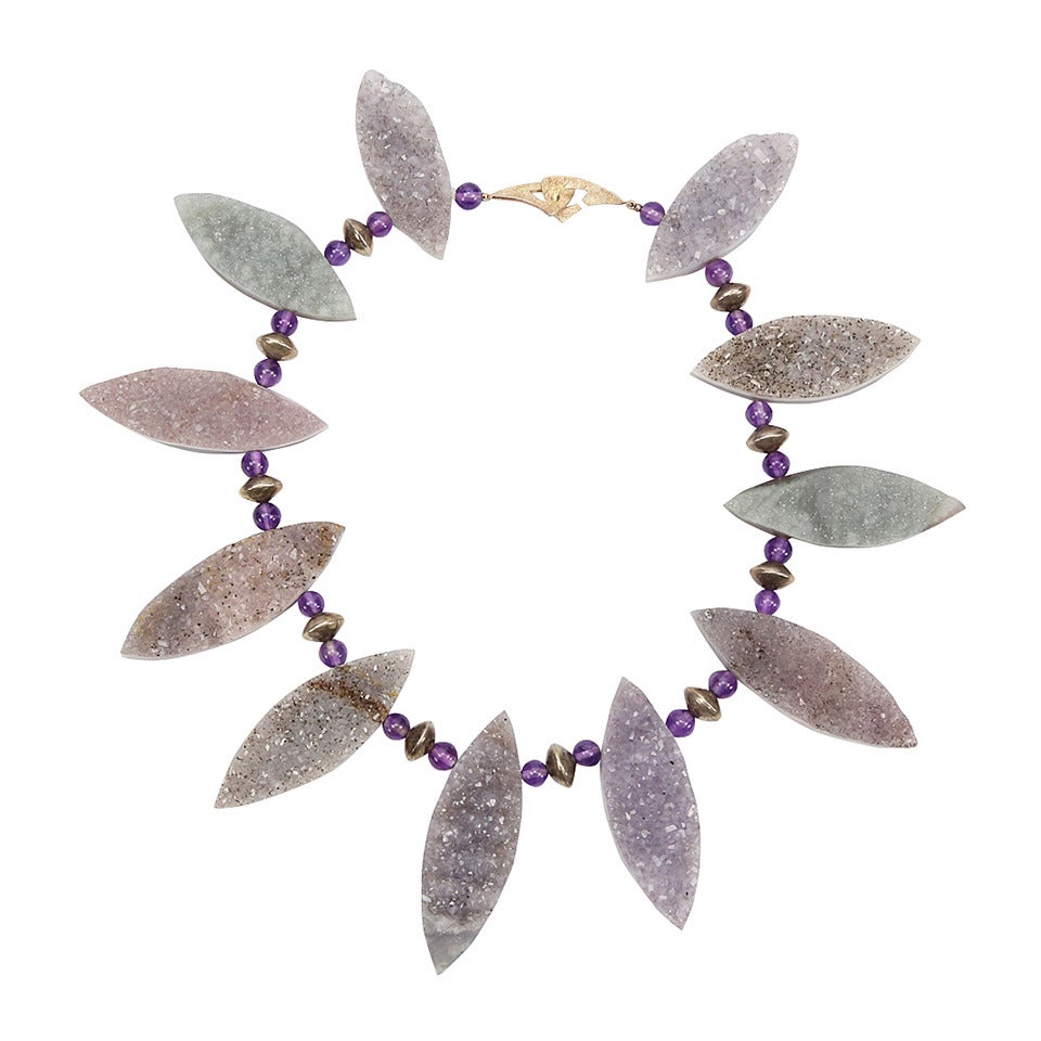 Gem Amethyst Marquise Navette Shaped Druzy Silver Necklace For Sale