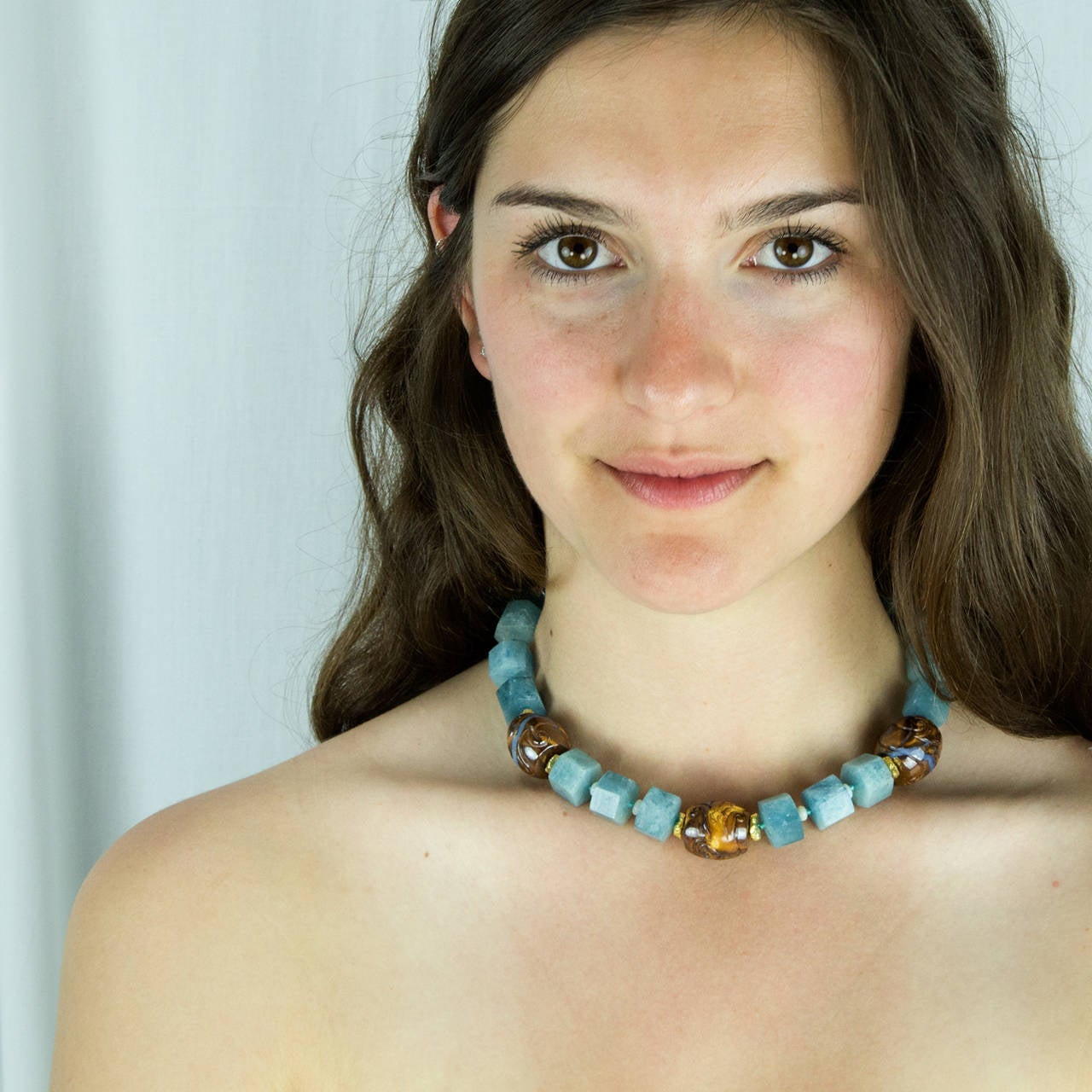 Aquamarine and Gem Opal in Matrix Beads Necklace In New Condition In Montreal, QC