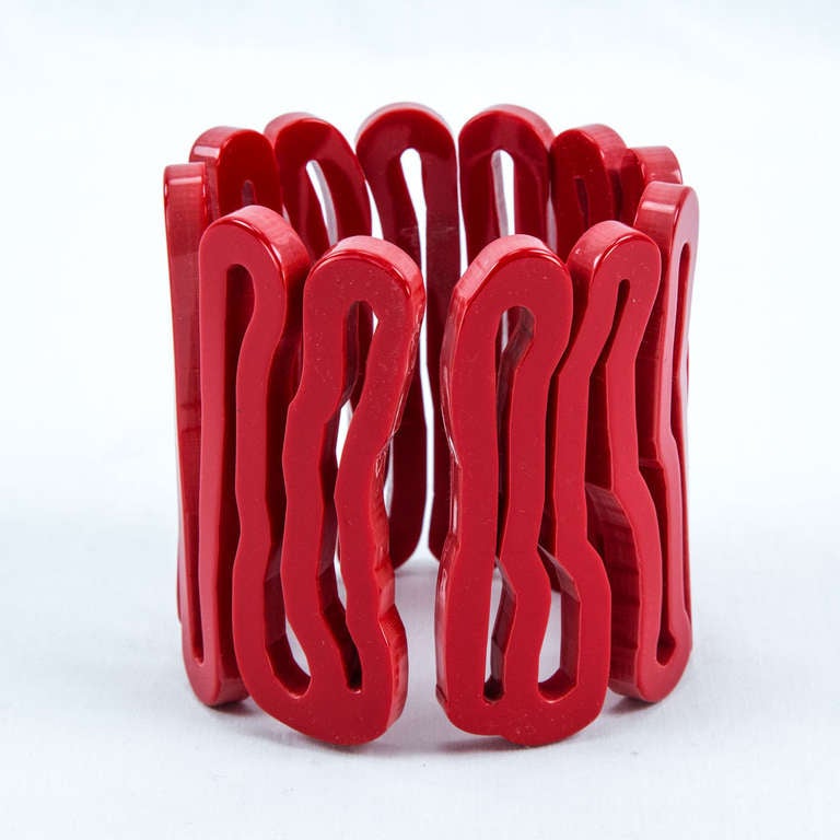 Fabulous Red Celluloid Spiral Clamper Cuff Bracelet; opening for easy ‘on & off’  measures approx. 2.25 inch in diameter and 3 inch wide; Also available in black Add pizazz to any outfit with this Dynamic Show Stopper!  
