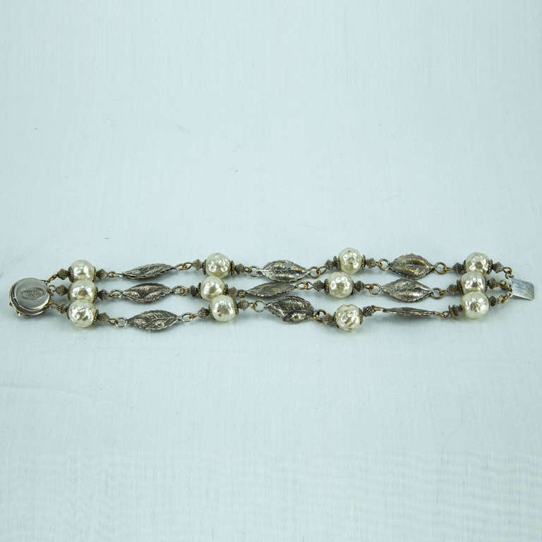 Mixed Cut Miriam Haskell Signed Faux Pearl Bracelet C1950s