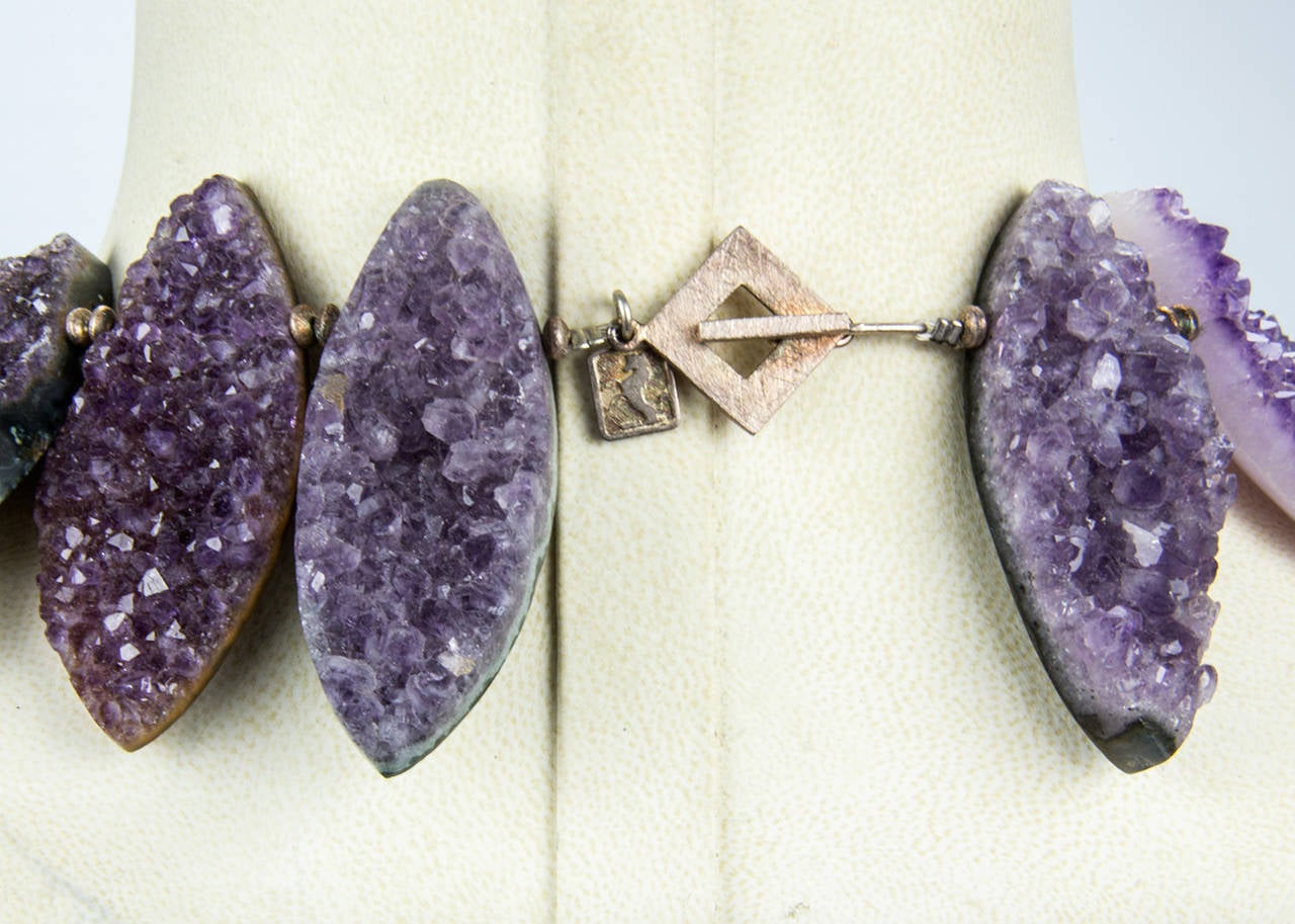 Contemporary Glam Gem Amethyst Marquise Druzy Silver Statement Necklace Fine Jewelry For Sale