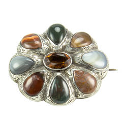 Antique Victorian Scottish Agate Citrine Sterling Silver Brooch Pin c1890