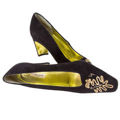 Philippe Model Paris Black Suede Gold Embroidery High Heel Shoes 6