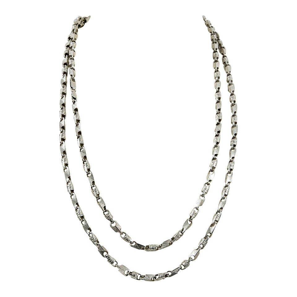 Mid Century Modern Long Silver Brutalist Watch Chain Necklace For Sale