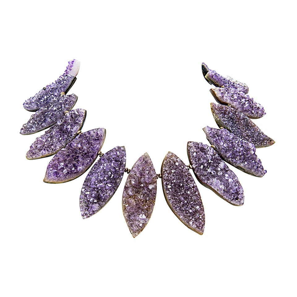 Glam Gem Amethyst Marquise Druzy Silver Statement Necklace Fine Jewelry For Sale