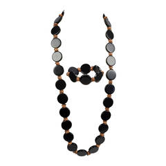 Retro Long Bold Black Celluloid Disc and Copper Necklace and Bracelet