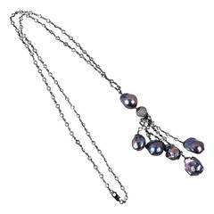 Striking CZ Sterling Silver Baroque Pearl Drops Tassel Necklace