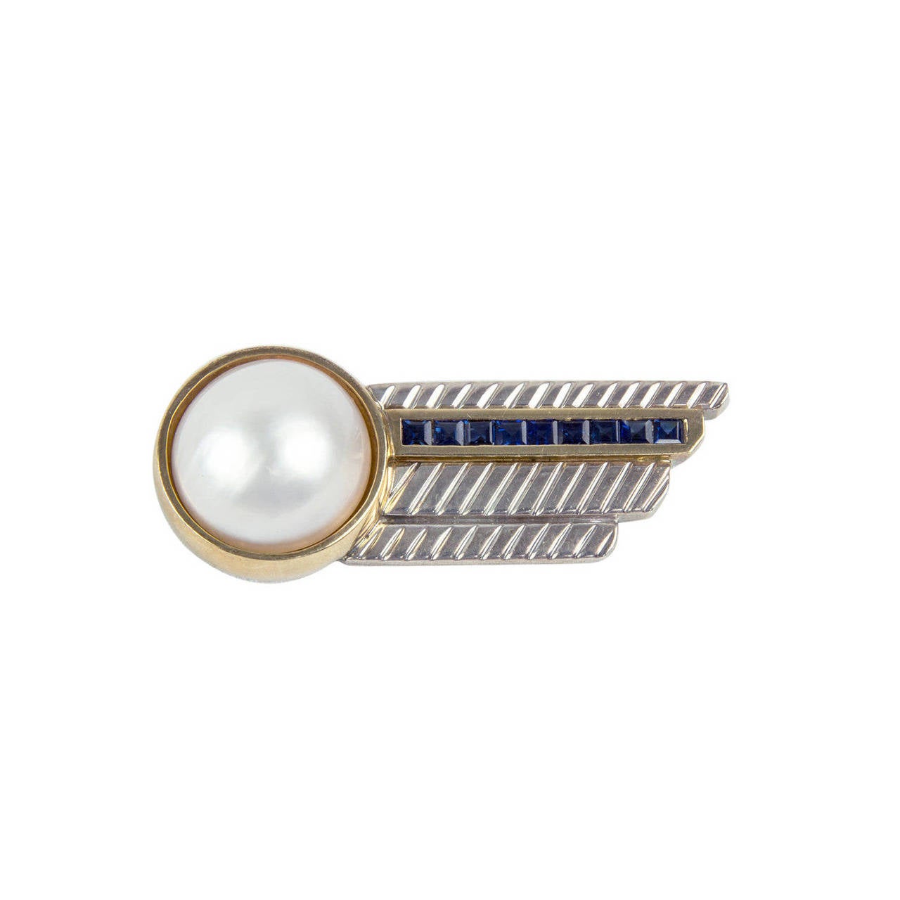 Vintage Iconic Tiffany & Co. Modernist Pearl Sapphire Sterling Gold Brooch Pin For Sale
