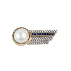 Vintage Iconic Tiffany & Co. Modernist Pearl Sapphire Sterling Gold Brooch Pin