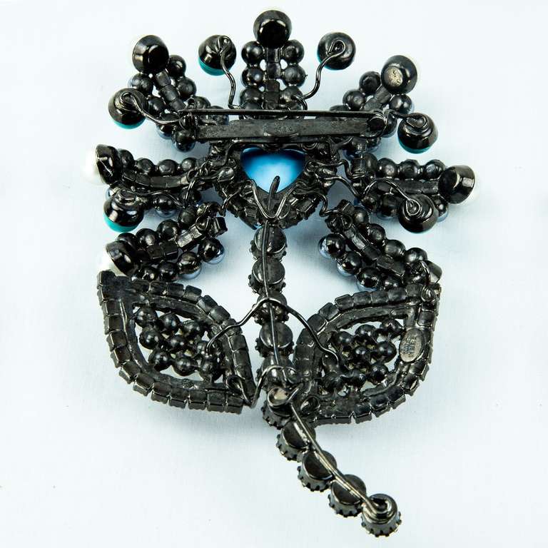 Sensational Large signed LAWRENCE VRBA 3D Flower Brooch Pin featuring black jet prong-set faceted glass, rhinestones, plastic beads and black and white faux pearls over gun metal; measuring approx. size: 6