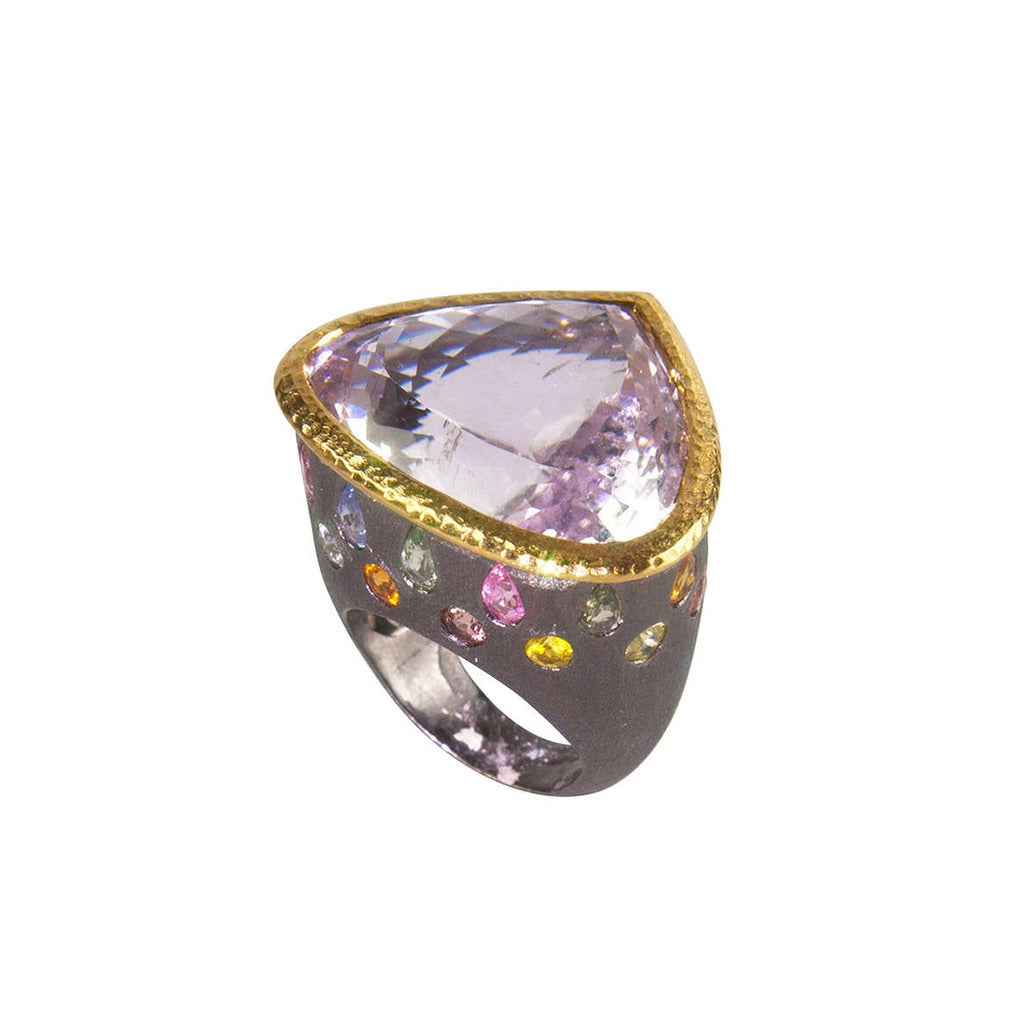 Kunzite and Multi Gem Sterling Silver Black Rhodium Ring