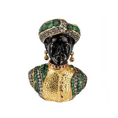 Blackamoor Ruby Emerald Gilt Sterling Silver Designer Brooch Pin Pendant 3