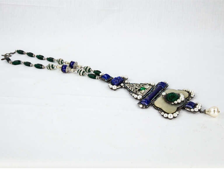 Sensational signed LAWRENCE VRBA Art Deco style long Necklace with a large multi-tiered pendant drop, using a wide range of materials, including: vintage rhinestones, crystals, molded glass, art glass, pot metal, faceted glass, stone and faux