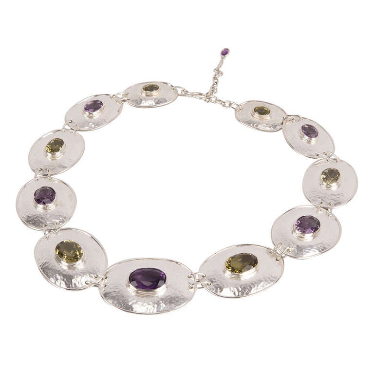 Chunky Amethyst Citrin Sterlingsilber Scheiben-Choker Halskette Nachlass feiner Schmuck