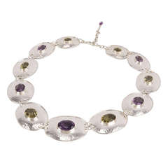 Chunky Amethyst Citrine Sterling Silver Disc Choker Necklace C1960s 6