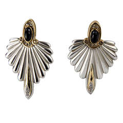 Erte Exotique Onyx Diamond Silver Gold Earrings