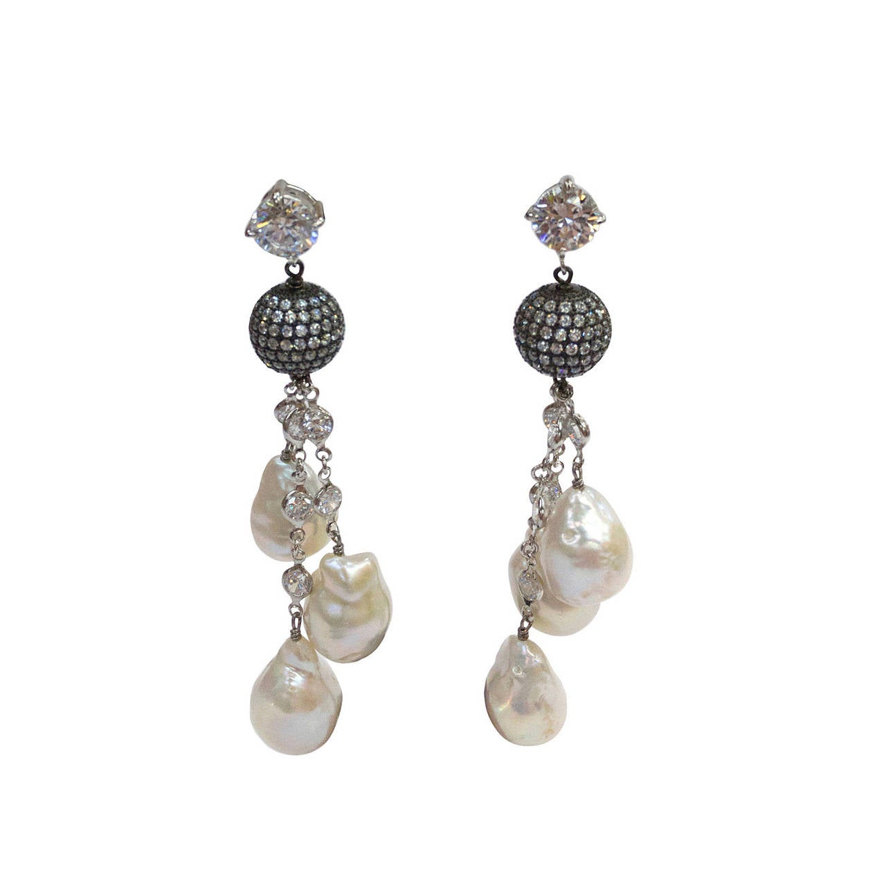 Striking CZ Sterling Baroque Pearl Drops Tassel Silver Dangle Earrings For Sale