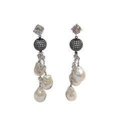 Striking CZ Sterling Baroque Pearl Drops Tassel Silver Dangle Earrings 1