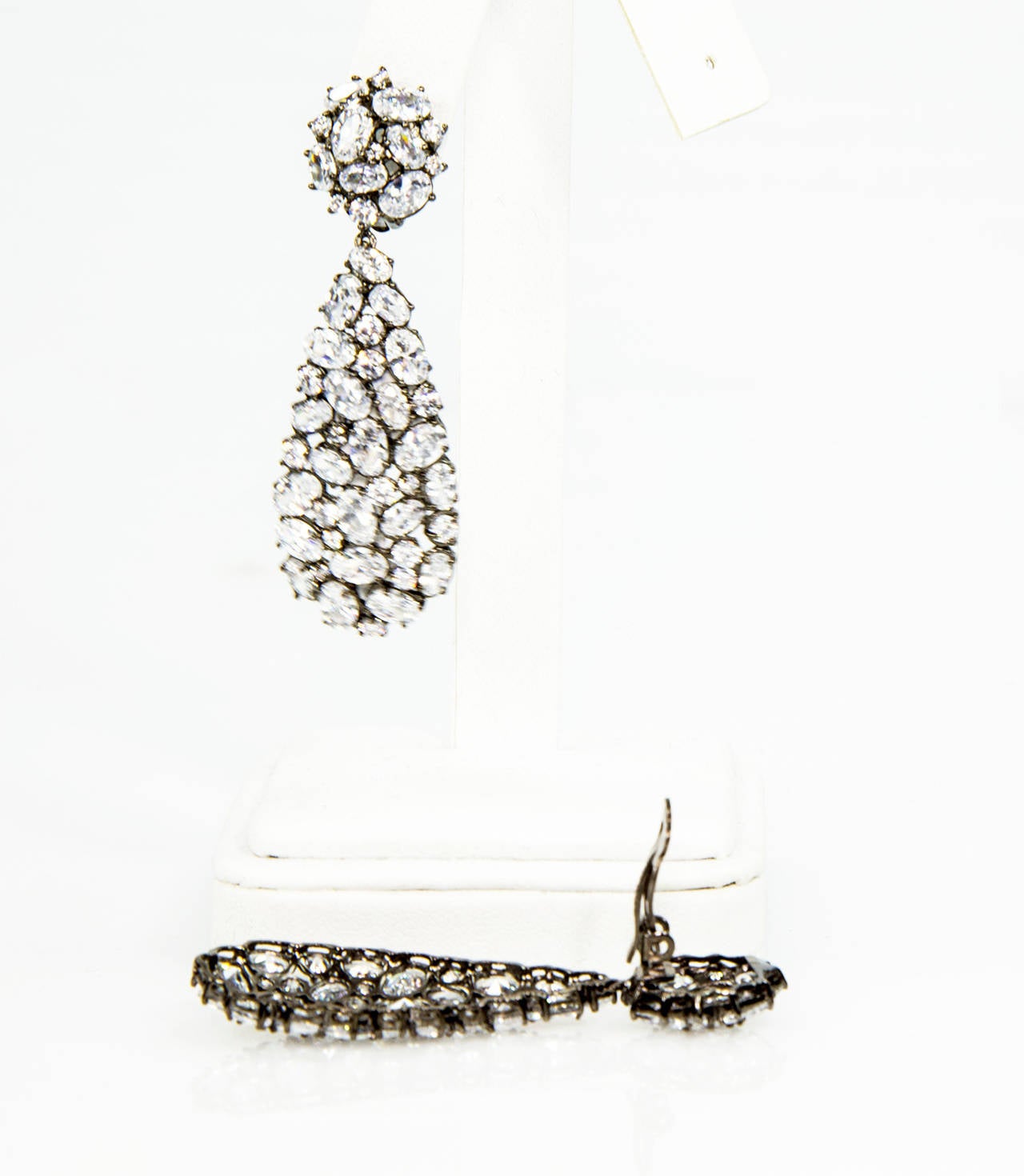 Teardrop CZ Encrusted Black Rhodium Sterling Silver Dangle Earrings