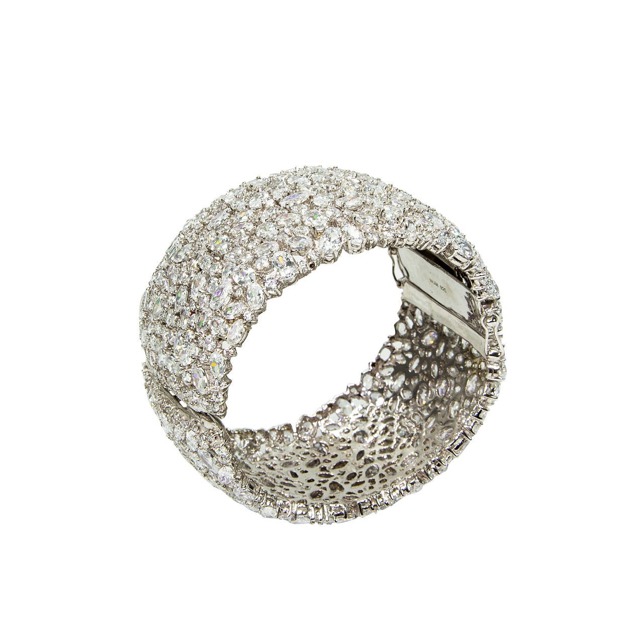 Striking Wide Sterling Silver CZ encrusted Cuff Bracelet at 1stDibs
