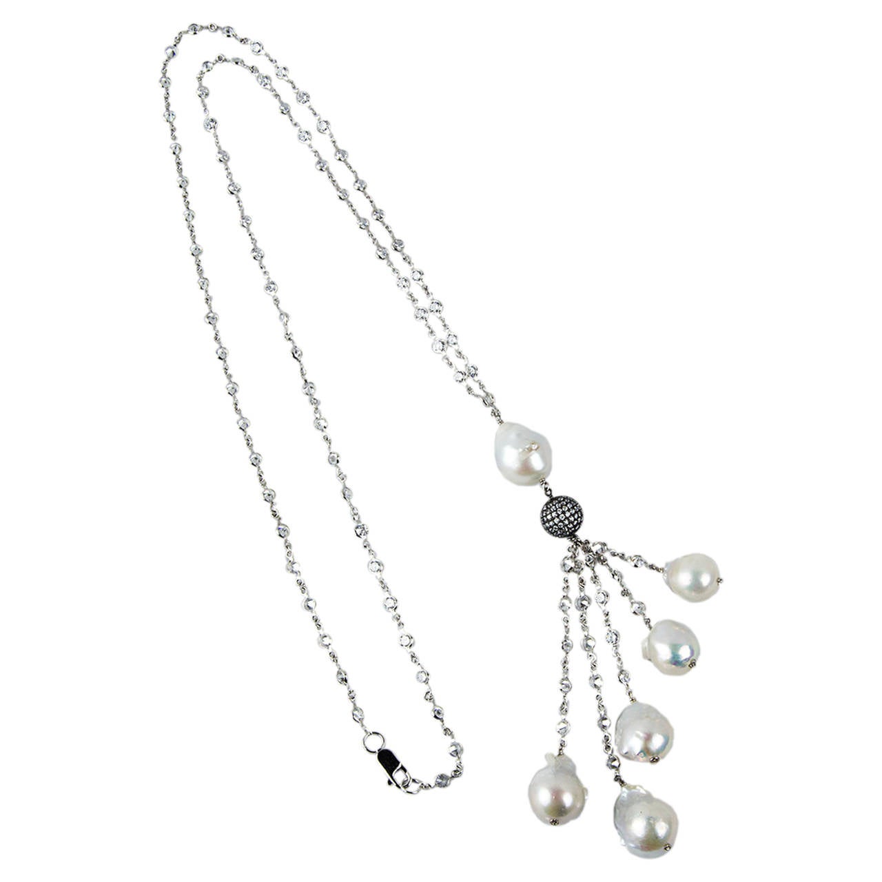 Striking Faux Diamond Baroque Pearl Tassel Sterling Silver Runway Necklace For Sale