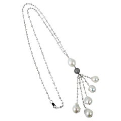 Striking Faux Diamond Baroque Pearl Tassel Sterling Silver Runway Necklace