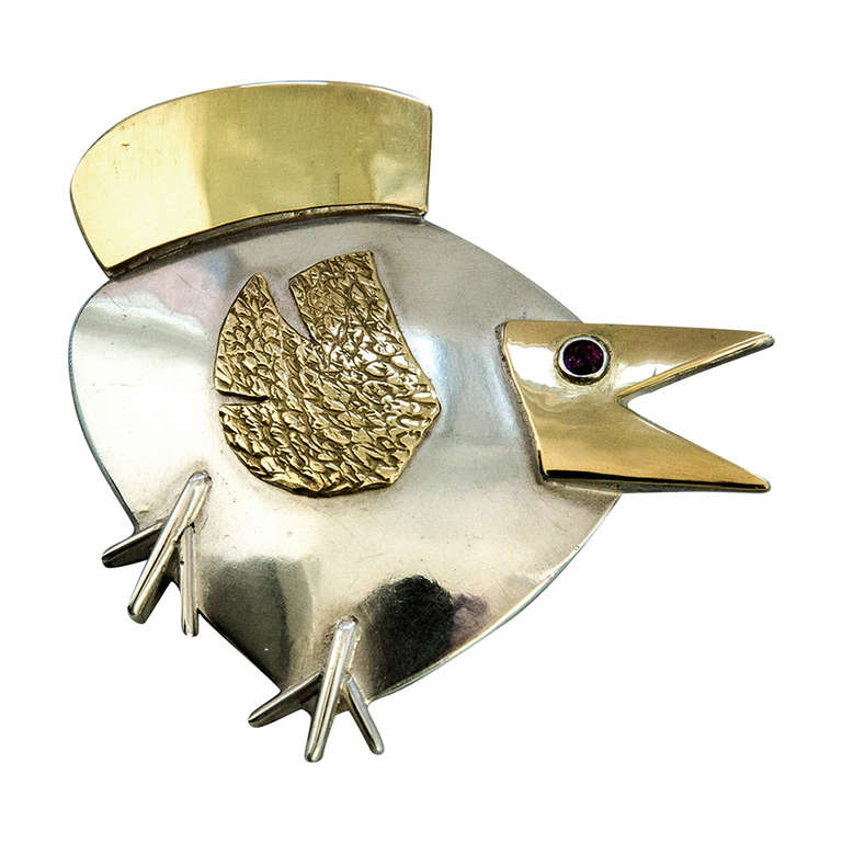 Walter Schluep Modernist Bird Pin in Sterling Silver and 14k  Gold