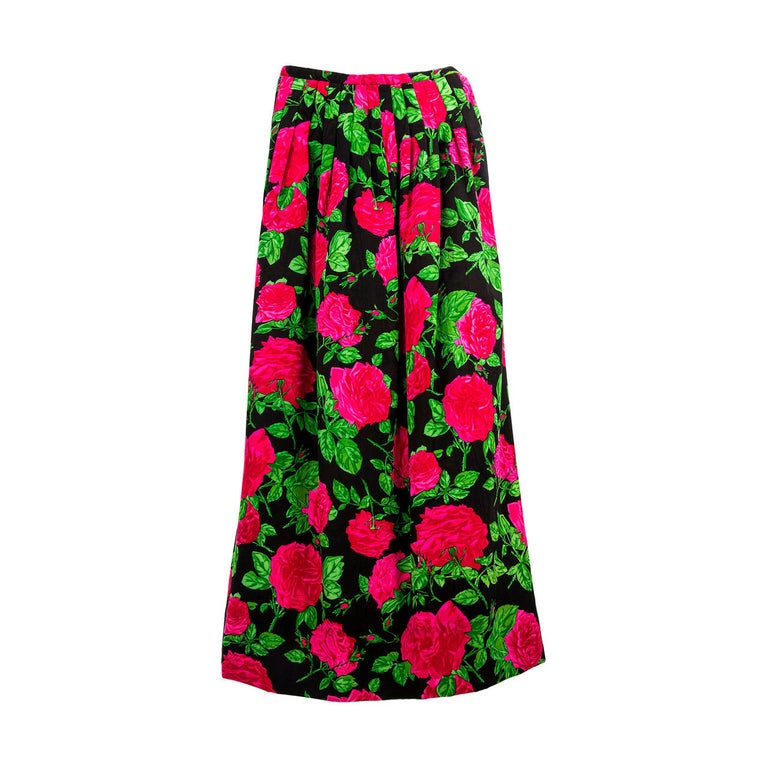 Striking Adolfo Red Pink Green and Black Pleated Floral Silk Long Skirt ...