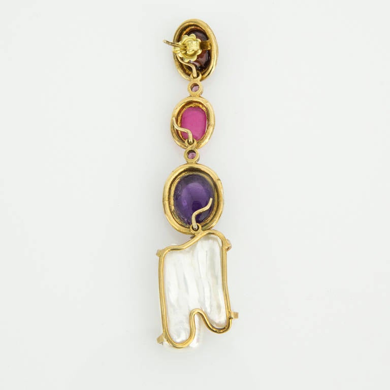 Stunning Modular Multi Gem Gilt Silver Drop Earrings, featuring large free form pearls, cabochon amethyst, pink quartz and garnet, inter spaced with small facet cut pink tourmaline and amethyst. Several earrings in one; Dangle separately or
