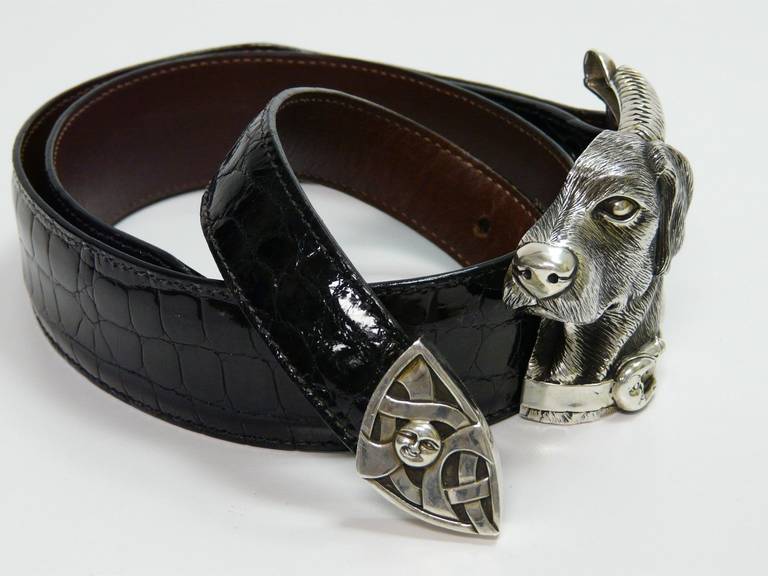 Fabulous Barry Kieselstein-Cord black belt, featuring a Sterling Silver Labrador Dog Buckle with alligator belt, measuring approx. 1.5