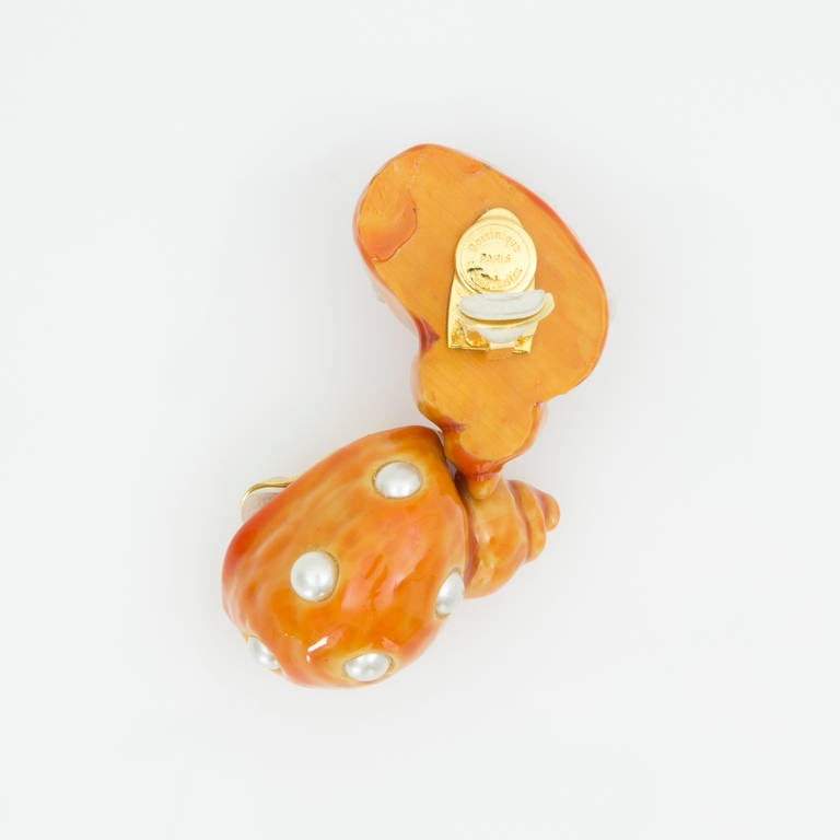 Women's DOMINIQUE AURIENTIS Orange Enamel Faux Pearl Shell Clip Earrings