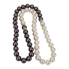 Dramatic Long Black and White Faux Pearl Statement Necklace