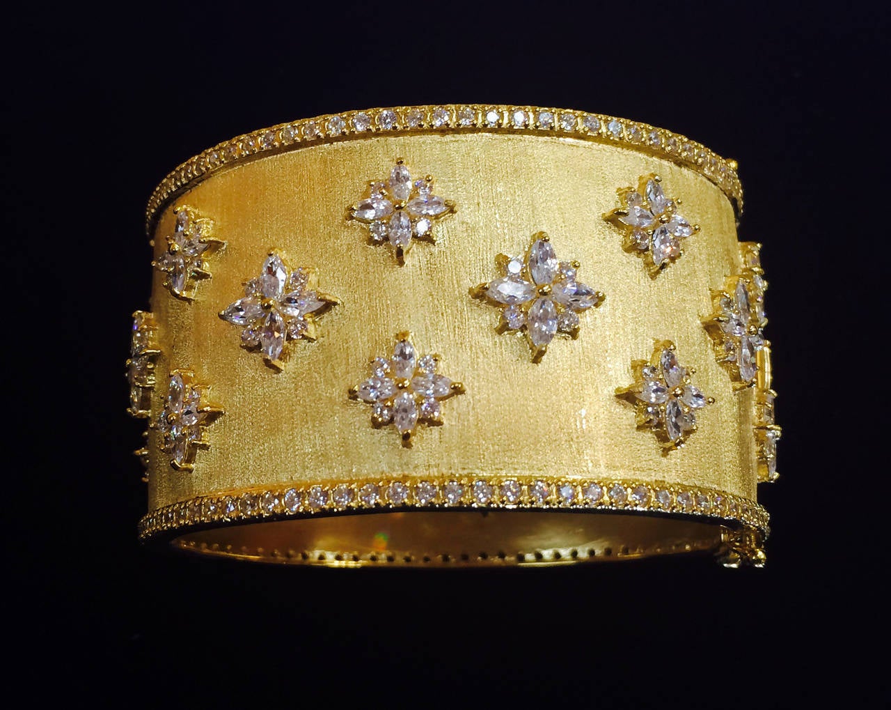 Striking Gilt Sterling Silver CZ Crystals Cuff Bangle Bracelet In New Condition In Montreal, QC