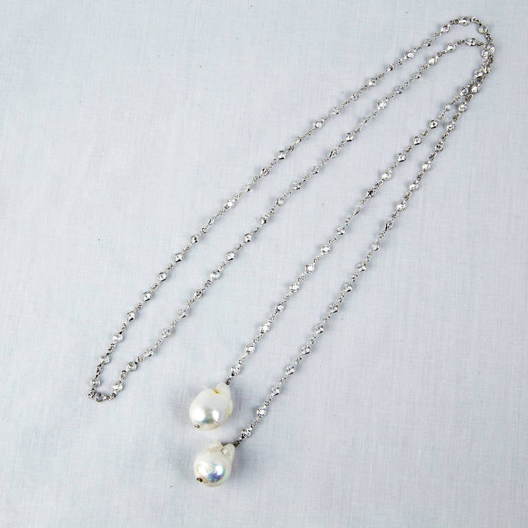 Minimalist, yet Dramatic! Lariat Style Design Necklace, Sterling Silver enhanced with glittering Faux Diamonds, suspending two Large Cultured Freshwater Baroque Pearls 21 -22mm x 16-17mm; 40 inches; long. Chic and Show Stopping complement to your