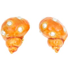 DOMINIQUE AURIENTIS Orange Enamel Faux Pearl Shell Clip Earrings