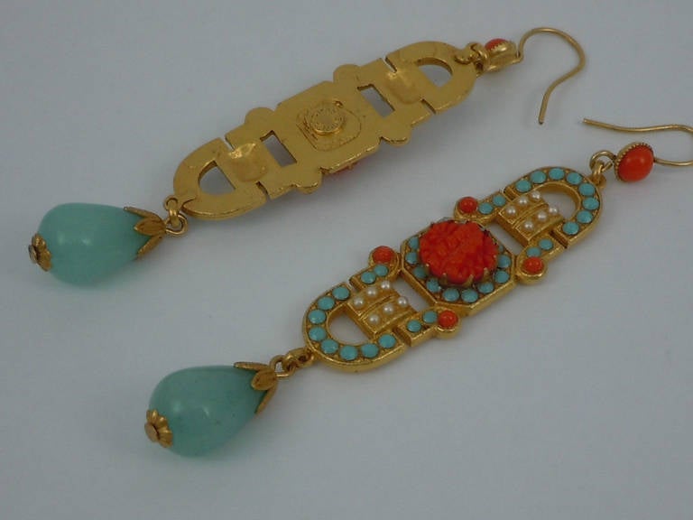 Signed Askew London Long Drop Earrings; Antiqued Gold Plated Art Deco inspired Drops Set With Turquoise and Coral Glass stones, Pearl Beads with Coral Floral Glass round stone in center. Earrings Have Smooth Amazonite look; Quartz Drops and Hook