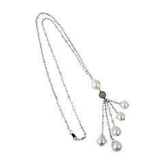 Striking CZ Sterling Silver White Pearl Drops Tassel Necklace 2