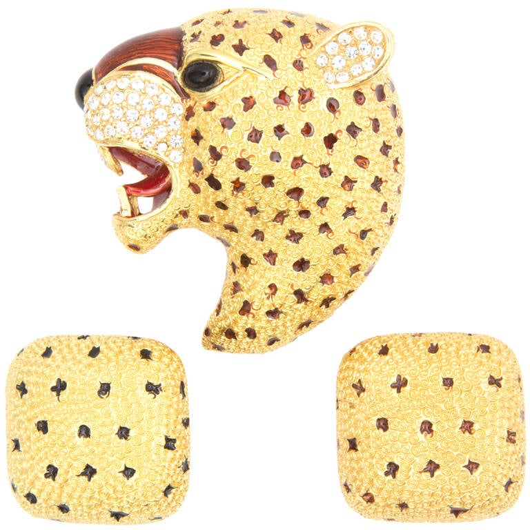 Fabulous Signed Ciner Roaring Leopard Cat Pin and Earrings Set