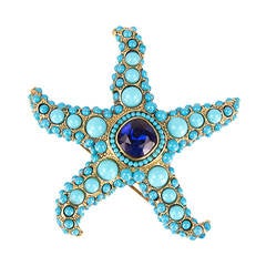 Vintage KJL Kenneth J Lane Turquoise Blue Sapphire Rhinestone Star Fish Pin