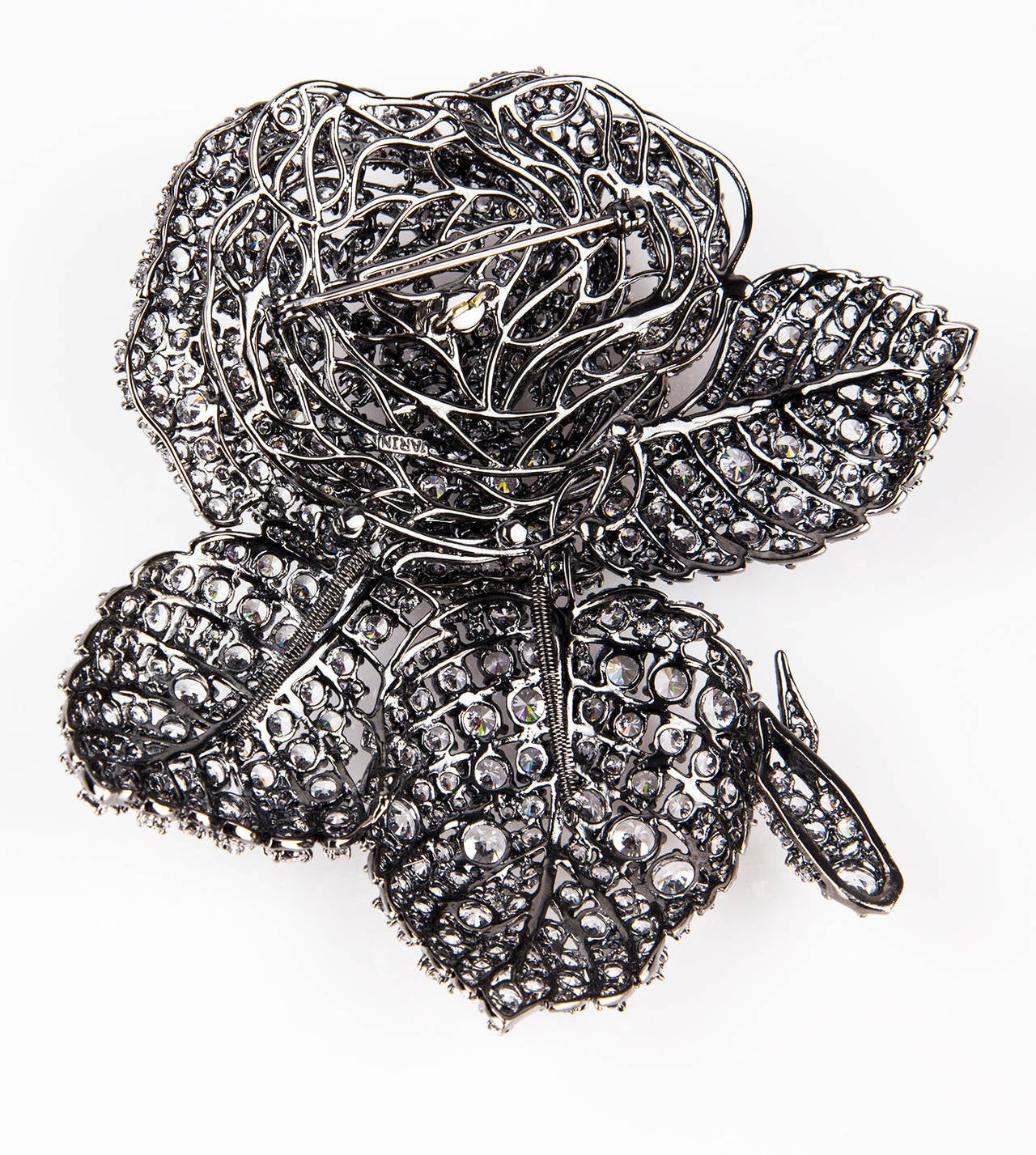 Sensational Vanderbilt style Rose en Tremblant Statement Brooch, encrusted with CZ cubic zirconium, hand set with Fabulous attention to detailing; Black Rhodium. Approx. size: 4” x 4” at widest point. The perfect accessory for the modern woman! Chic