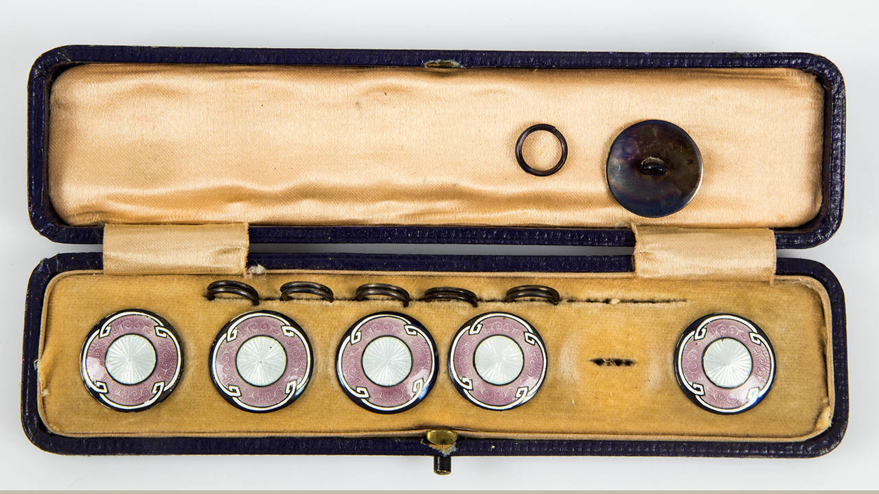 Featuring a Superb Art Deco set of Six Enamel Dress  Waistcoat or Vest Buttons with split ring fittings in original Box, each one beautifully enameled and marked: STERLING SILVER; approx. size: .75”, carefully preserved in their original lined hard