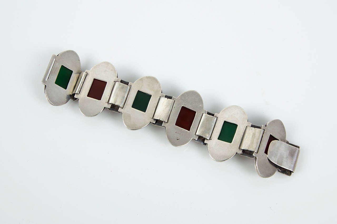 Art Deco Arts and Crafts Green Onyx and Carnelian Sterling Silver Bracelet