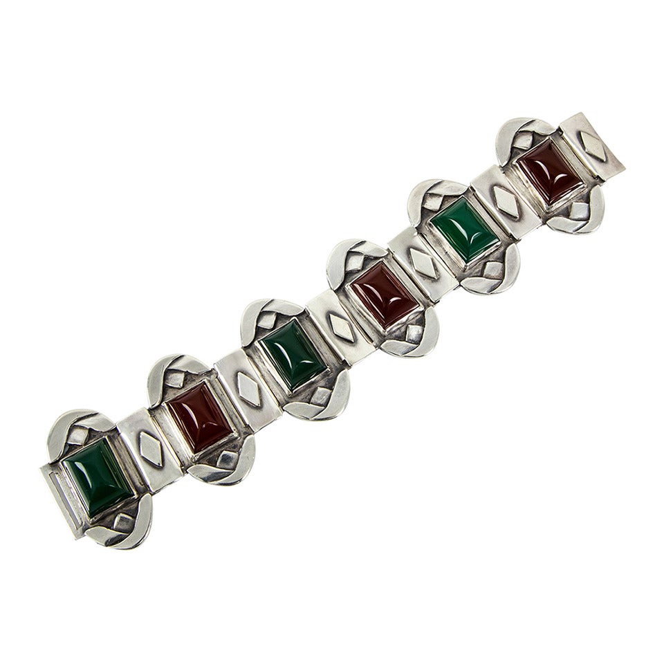 Arts and Crafts Green Onyx and Carnelian Sterling Silver Bracelet