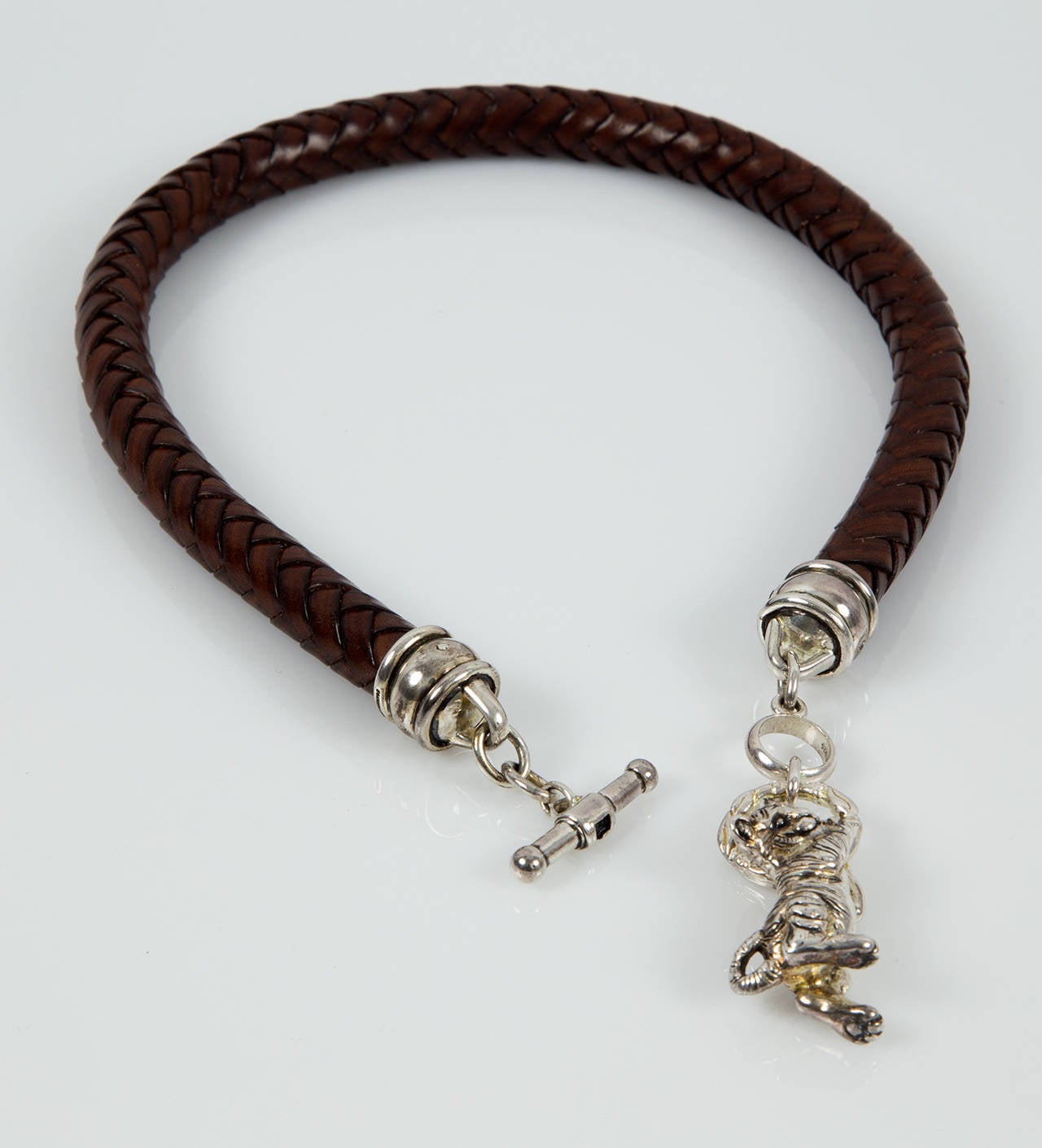BARRY KIESELSTEIN CORD BKC Sterling Silver Tiger Cub Cat Leather Necklace In New Condition In Montreal, QC