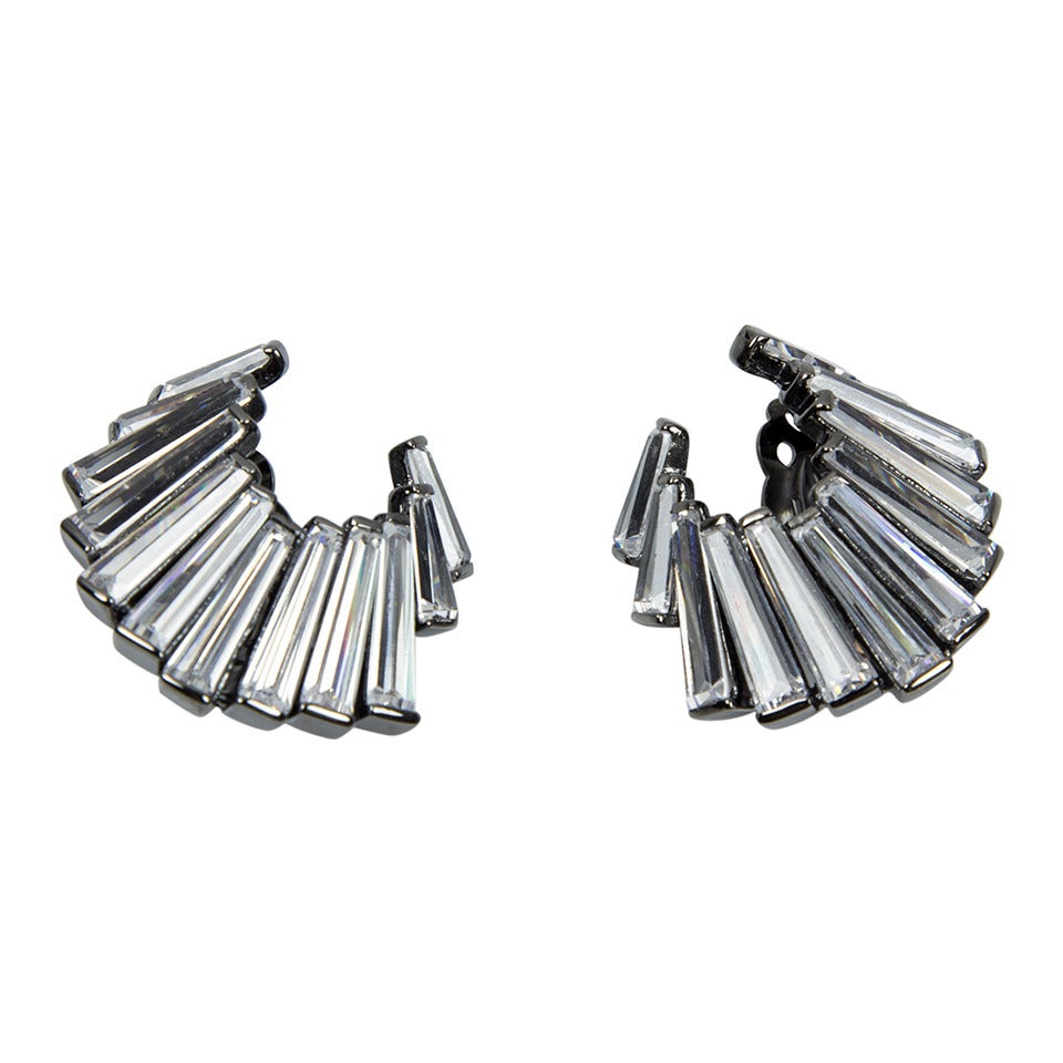 Designer Baguette Crystal Crescent Clip Earrings For Sale