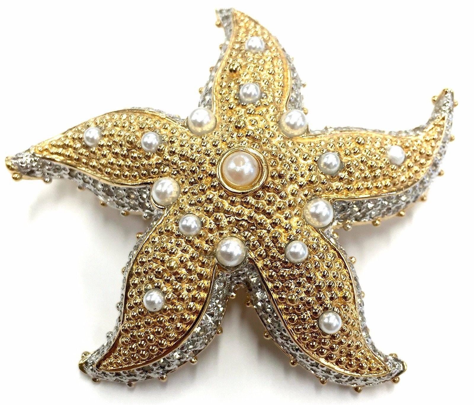 Rare Vintage Signed JUDITH LEIBER Starfish Brooch; 2-Tone Gold Silver Plated; outlined with a double row of Pave clear Swarovski Crystals; Faux round Pearls on textured Gold body; approx. size: 2 .75